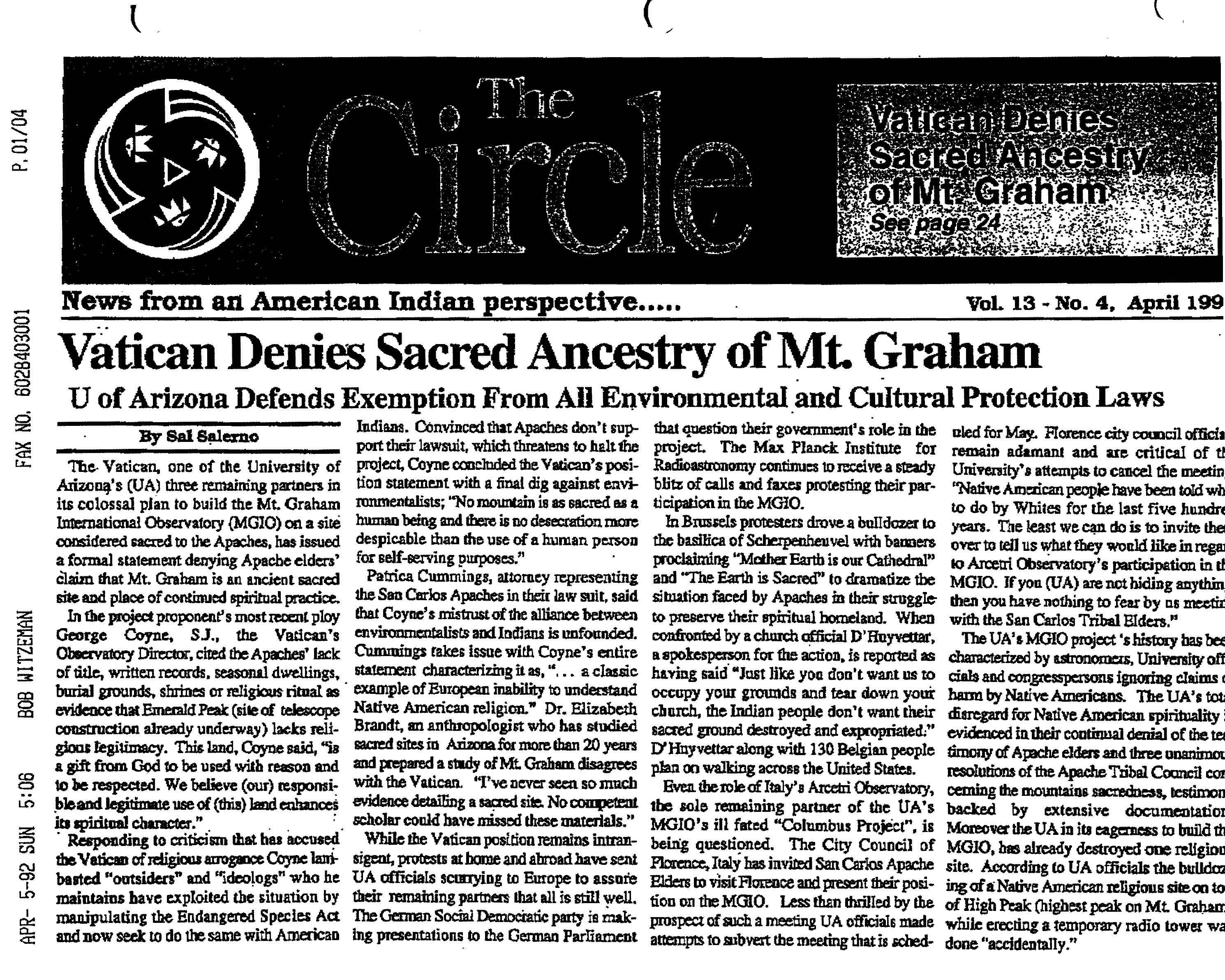 NEWS: "Vatican Denies Sacred Ancestry of Mt. Graham , University of  Arizona Defends Exemption From All Environmental and Cultural Protection Laws," The Circle, April 1992.
