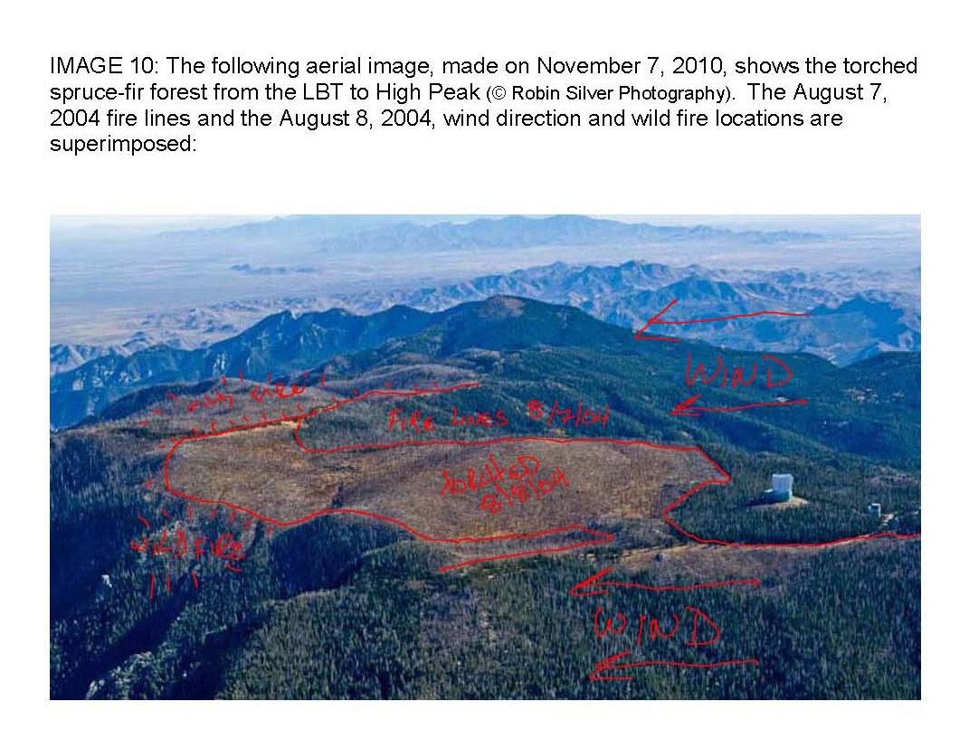 Aerial image #00877 from November 7, 2010, looking to the South, showing the needlessly torched cone-bearing, old-growth spruce/fir forest with superimposed wind direction and wild fire locations of the Nuttall Complex fire.