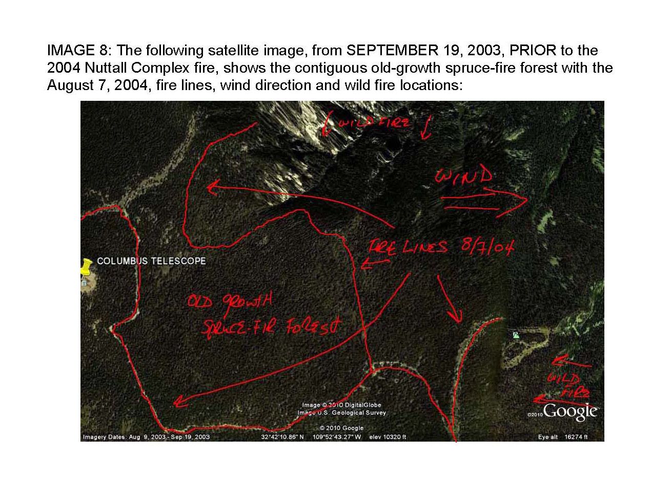 Satellite image from September 19, 2003, PRIOR to the 2004, Nuttal Complex fire with superimposed August 7, 2004, FIRE LINES and WIND DIRECTION.