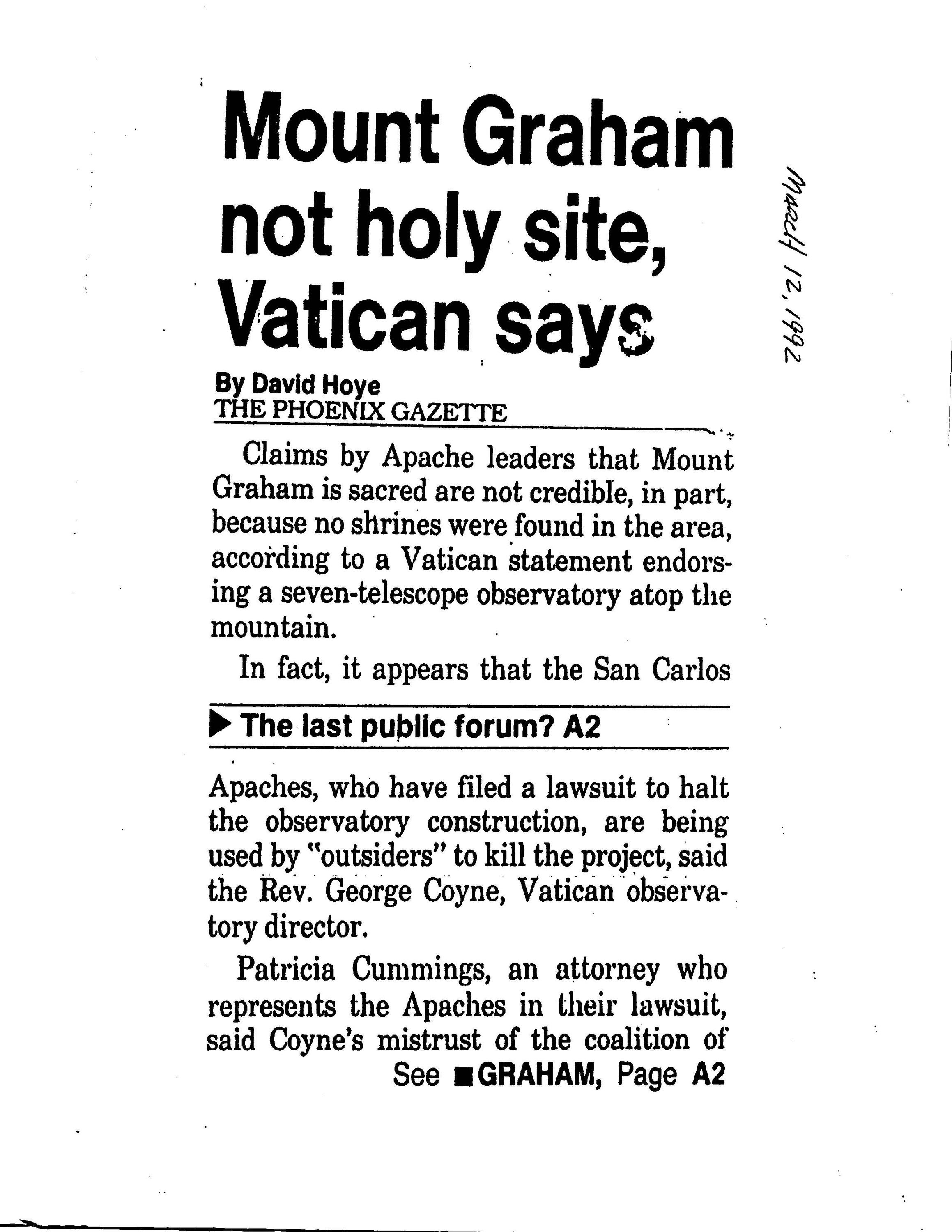 NEWS: "Mount Graham not holy site, Vatican says," The Phoenix Gazette, March 12, 1992.
