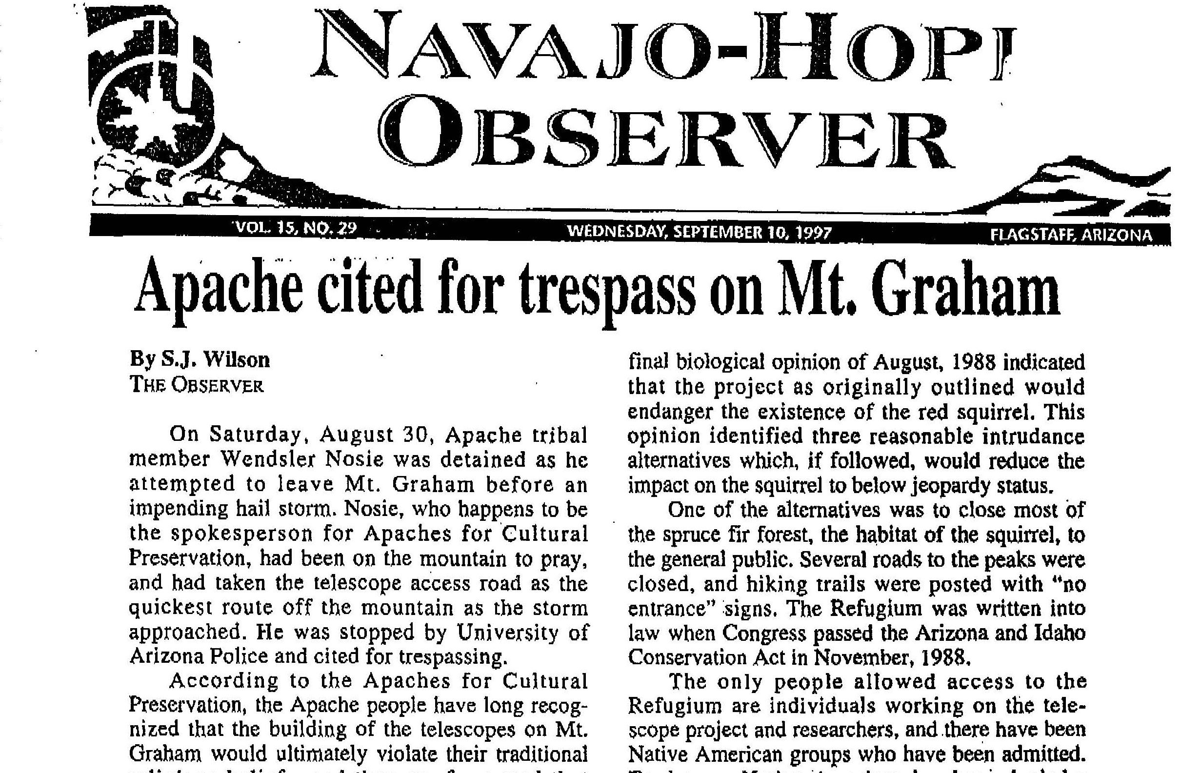 NEWS: "Apache cited for trespass on Mt. Graham," Navajo-Hopi Observer, September 10, 1997.