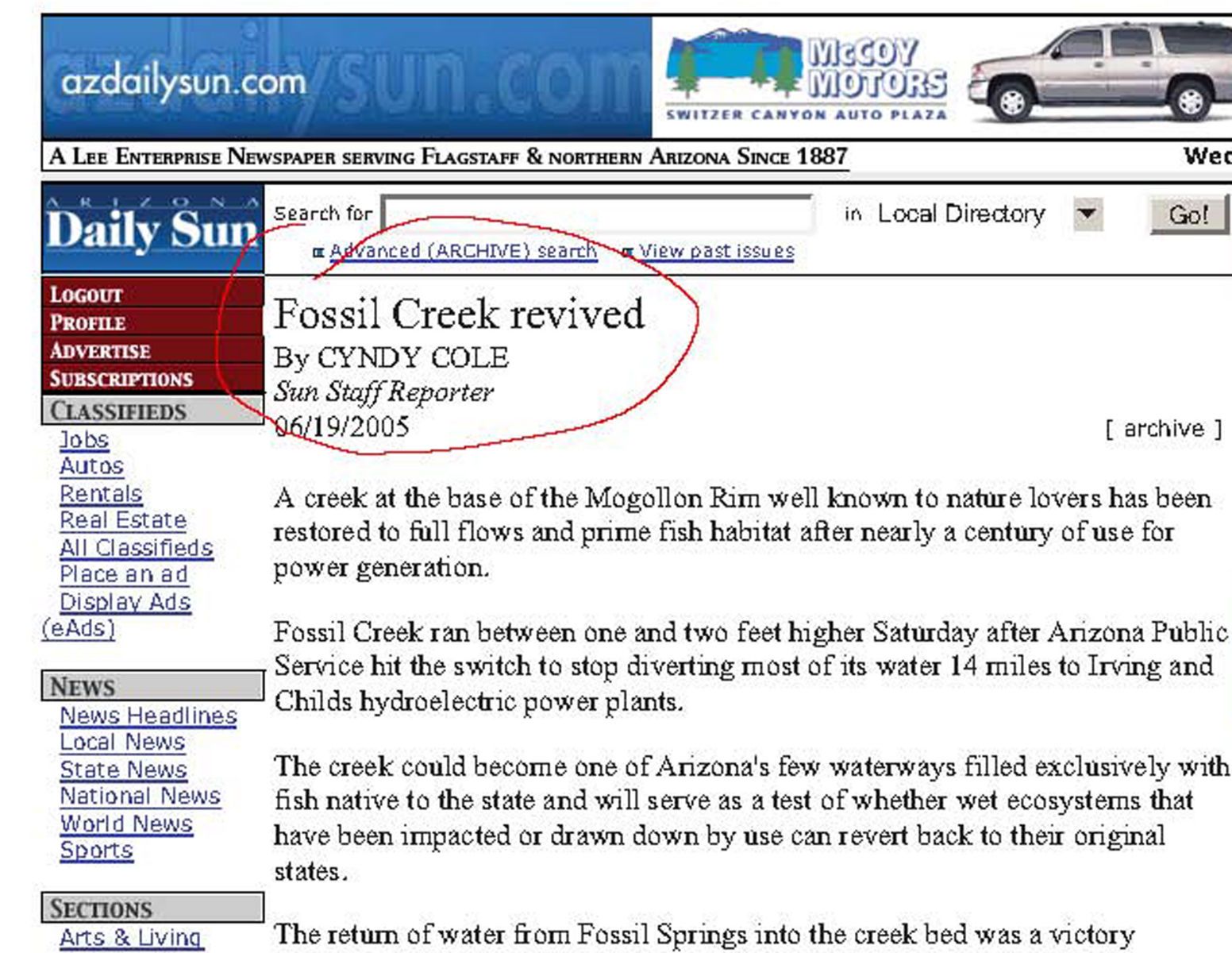 NEWS: FOSSIL CREEK RETURN OF FULL FLOWS JUNE 18, 2005