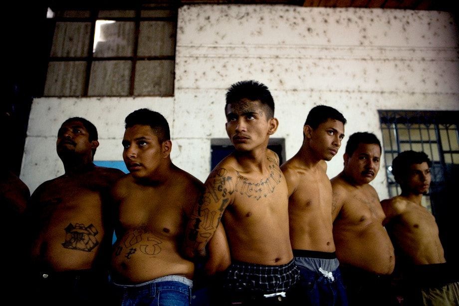 Arrested Salvadoran gang members are displayed by the police.  