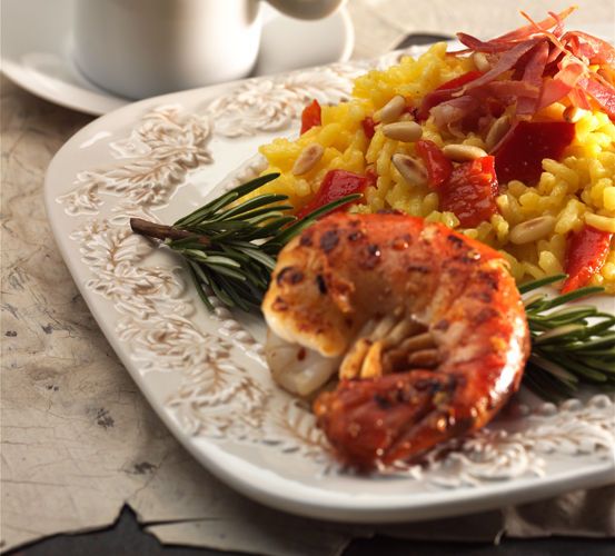 lisa bishop food stylist- grilled shrimp and  risotto with prosciutto