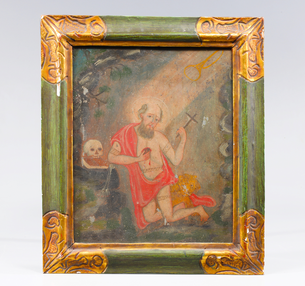 Auction photography of a 19th-century Mexican devotional retablo depicting Saint Jerome in penitence, oil on tin in original carved and gilded wood frame. Museum and auction collection photography by Los Angeles commercial photographer Victor Koroma. 19th-Century Mexican Retablo Saint Jerome — I.M. Chait Auction Photography