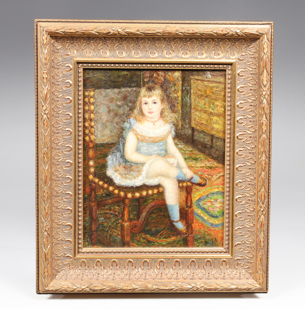 An oil painting titled Georgette Charpentier Seated by French Impressionist master Pierre-Auguste Renoir, created in 1876. The work depicts a young blonde girl in a white and blue dress seated on a wooden chair against a colorful interior setting. Presented in an ornate carved gilt wood frame. Fine art auction photography for Auctions - museum collections Georgette Charpentier Seated by Pierre-Auguste Renoir 1876 — I.M. Chait Auction Photography
