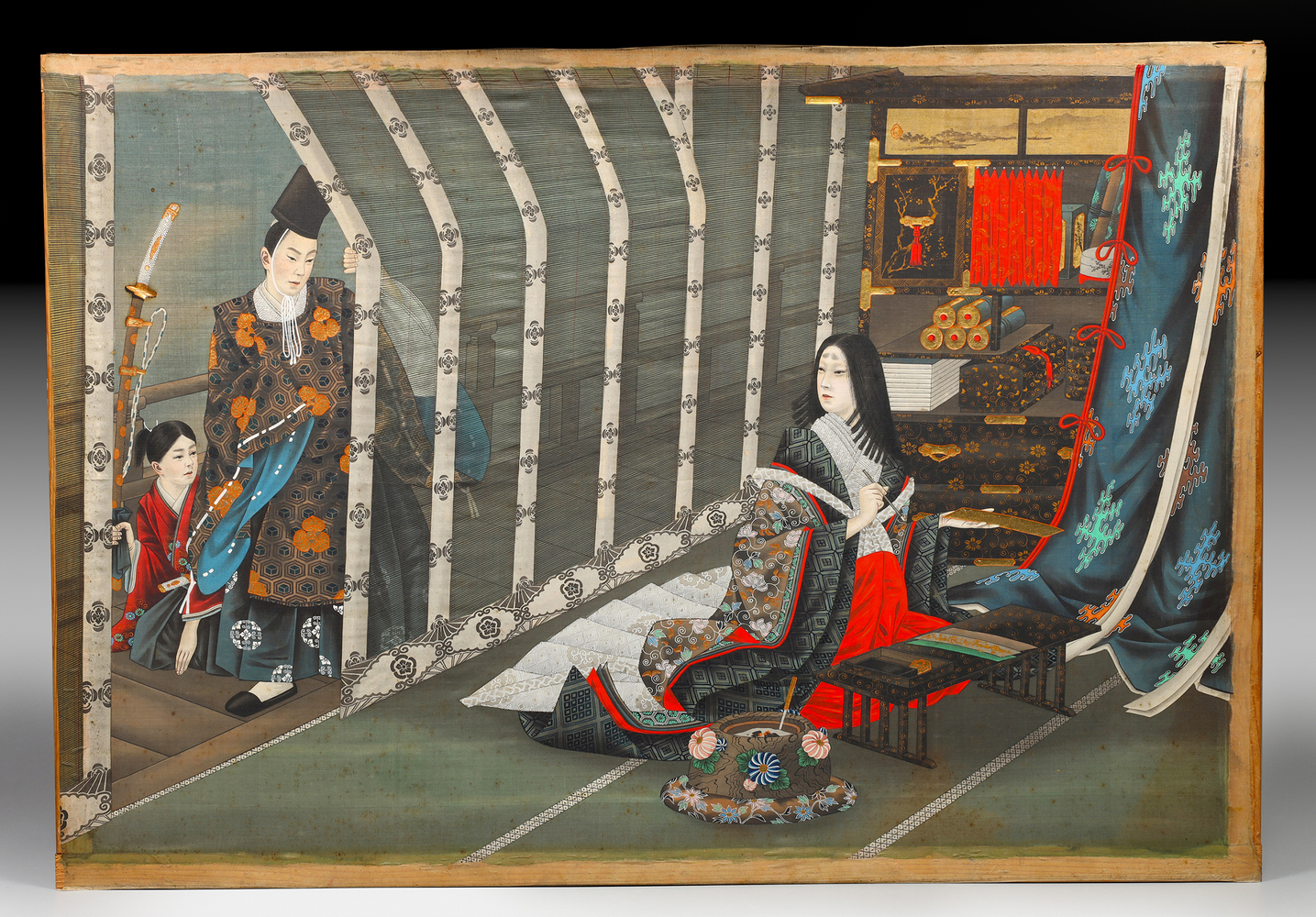 Fine art auction photography of a Japanese painted screen depicting a Heian court interior scene with figures in formal dress. Photographed for museum and auction collection documentation by Los Angeles commercial photographer Victor Koroma.
Japanese Genre Scene — I.M. Chait Auction Photography