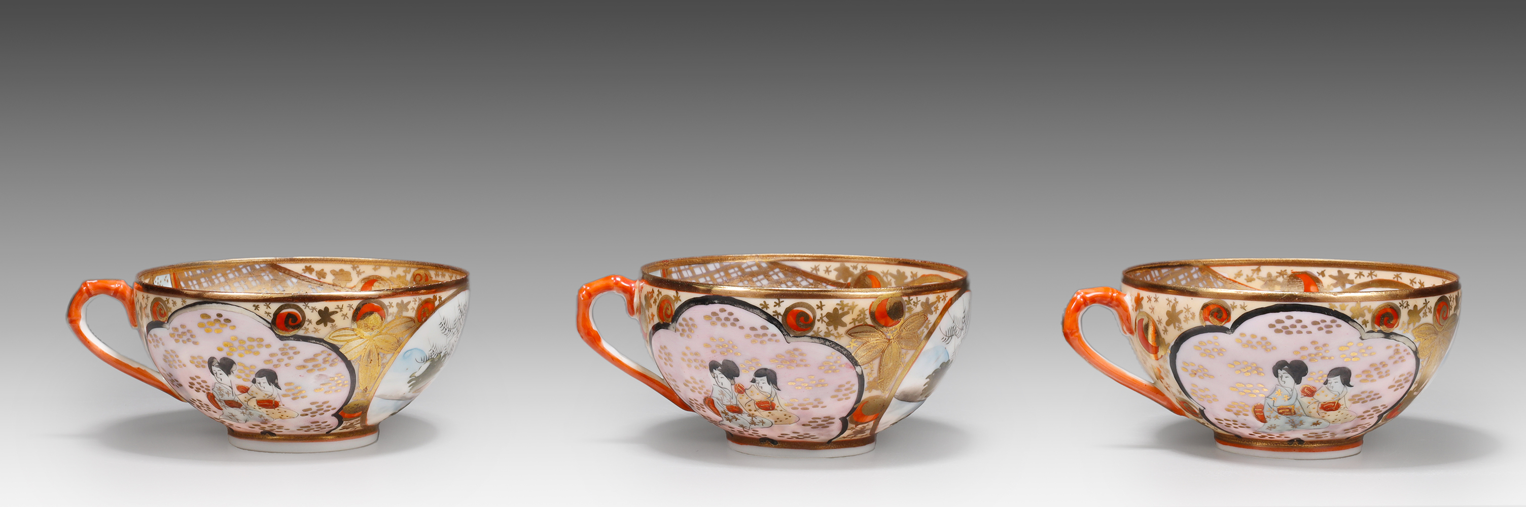 Auction photography of vintage Japanese Kutani Nippon ware eggshell porcelain tea cups with polychrome enamel figural cartouches and gilt detailing. Photographed for I.M. Chait Gallery and Auctioneers and featured on LiveAuctioneers by Los Angeles commercial photographer Victor Koroma. Japanese Kutani Eggshell Porcelain Tea Cups — I.M. Chait LiveAuctioneers Victor Koroma