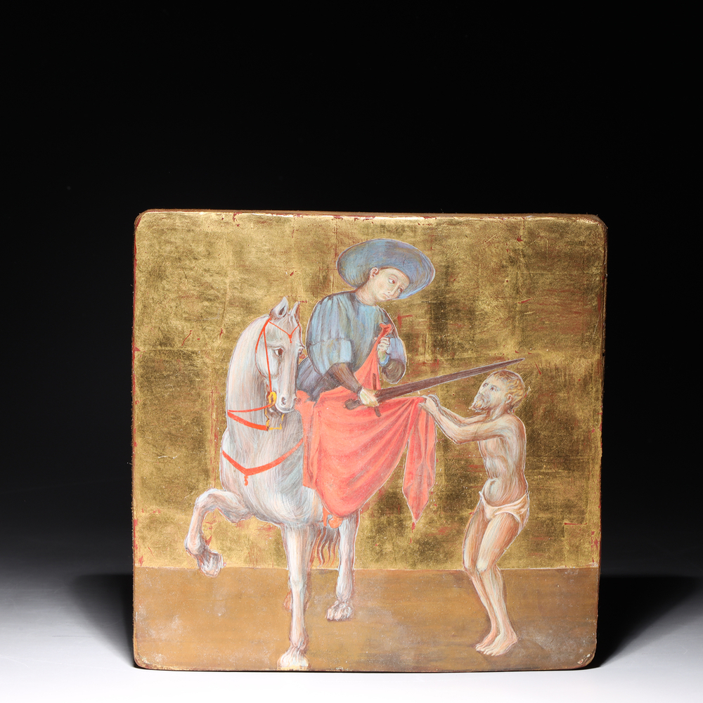 Auction photography of a 14th-century Italian Gothic tempera and gold leaf panel painting of Saint Martin of Tours Dividing His Cloak with a Beggar attributed to Ambrogio Lorenzetti circa 1340 Sienese school. Photographed for I.M. Chait Gallery and Auctioneers and featured on LiveAuctioneers by Los Angeles commercial photographer Victor Koroma. Ambrogio Lorenzetti Saint Martin Tours Panel Painting 1340 — I.M. Chait LiveAuctioneers Victor Korom