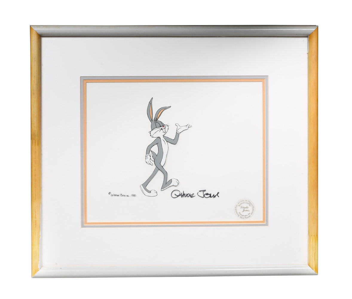 Auction photography of a 1980 Warner Bros. hand-painted Bugs Bunny production animation cel signed by Chuck Jones and authenticated by Linda Jones Enterprises. Photographed for Julien's Auctions by Los Angeles commercial photographer Victor Koroma. Bugs Bunny 1980 Chuck Jones Signed Animation Cel — Julien's Auctions Photography Victor Koroma