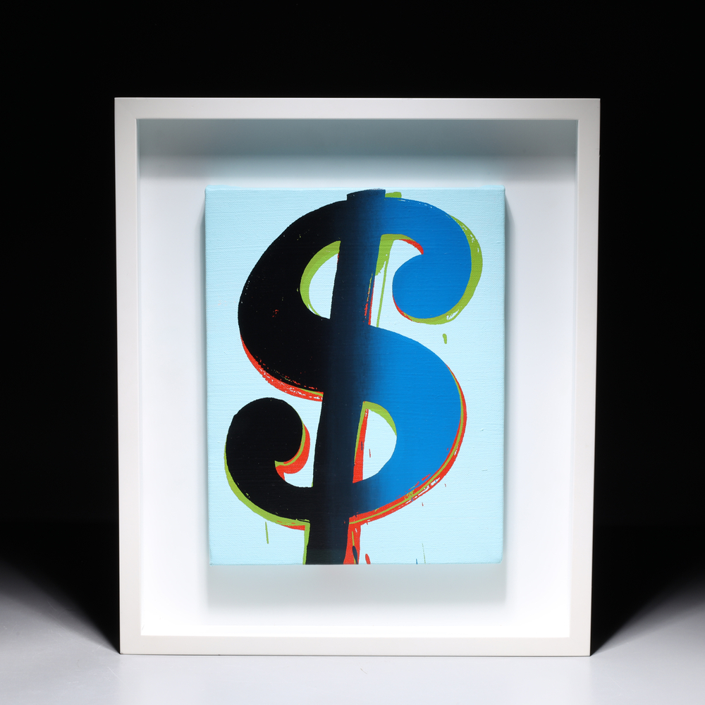 Auction photography of an original Andy Warhol Dollar Sign acrylic and silkscreen ink on canvas signed and dated, with Sotheby's provenance, estimated $500,000–$600,000. Photographed for I.M. Chait Gallery October 2022 and featured on Bidsquare by Los Angeles commercial photographer Victor Koroma. Andy Warhol Dollar Sign Original Silkscreen Signed — I.M. Chait Bidsquare Victor Koroma