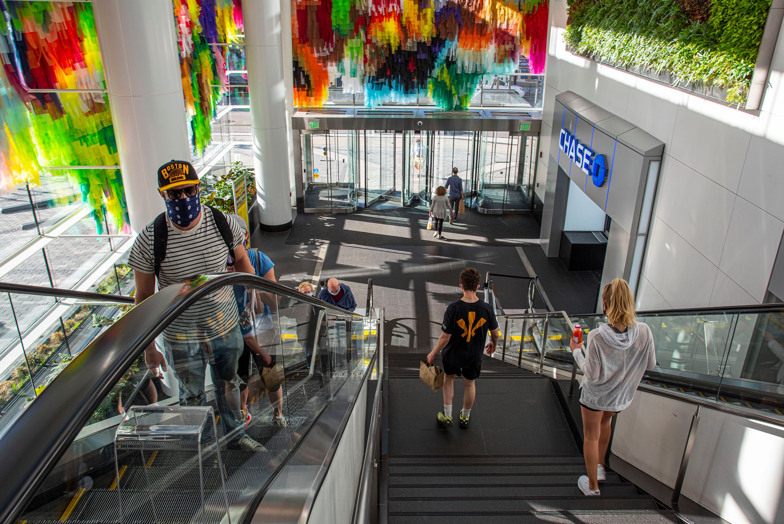 Inside the Prudential Center with people leaving and entering during the coronavirus pandemic. Boston, MA Shopping for Food