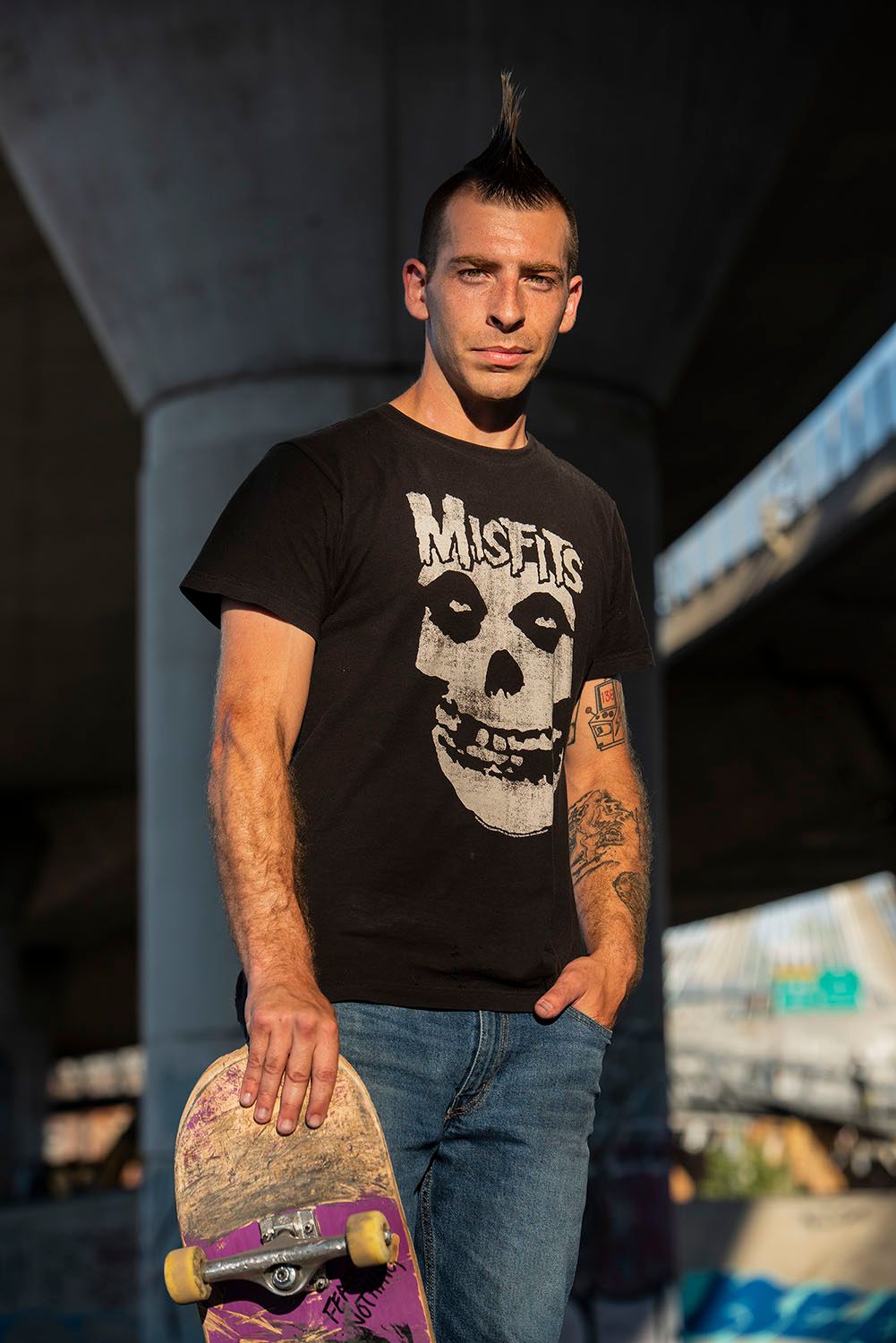 Color photographic portrait of JC, a skateboarder at the Lynch Family Skateboard Park, Cambridge, MA JC