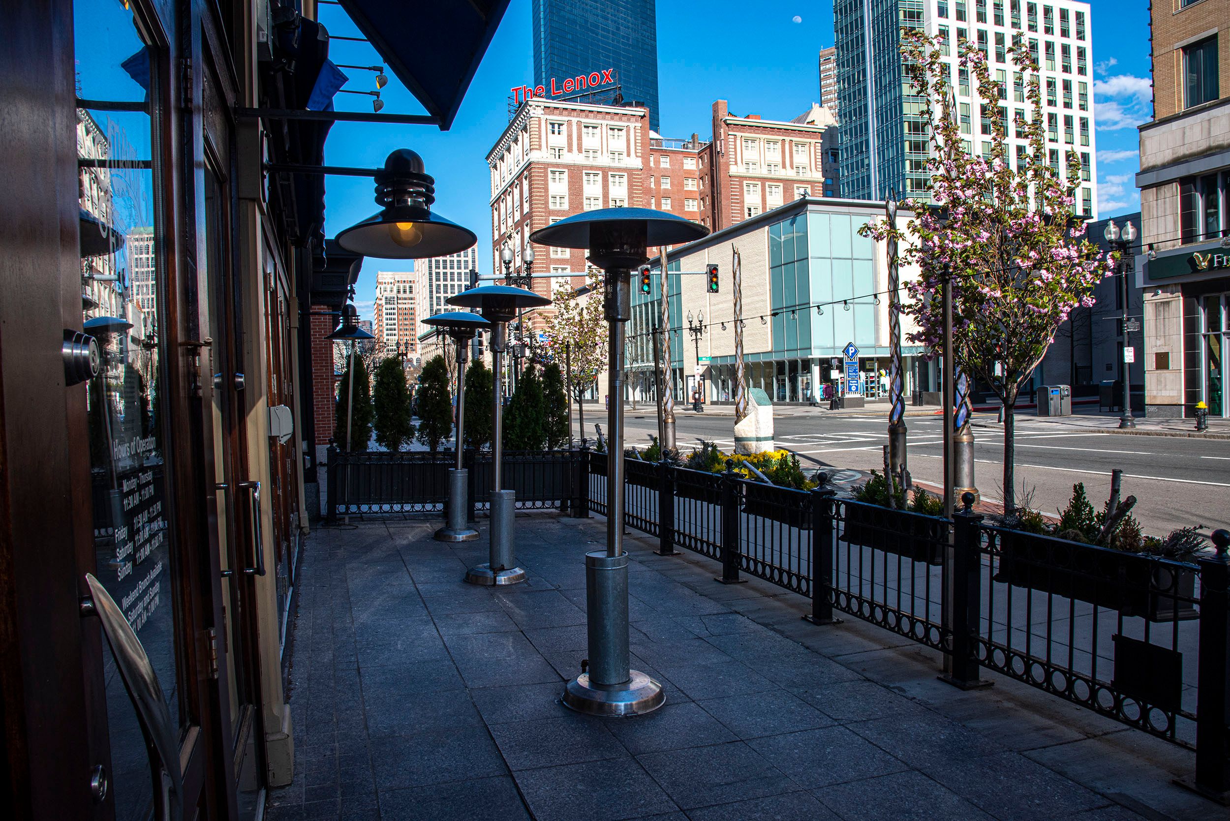 Photograph of closed shops and empty streets in Copley Square, Boston, MA Empty Street and stores