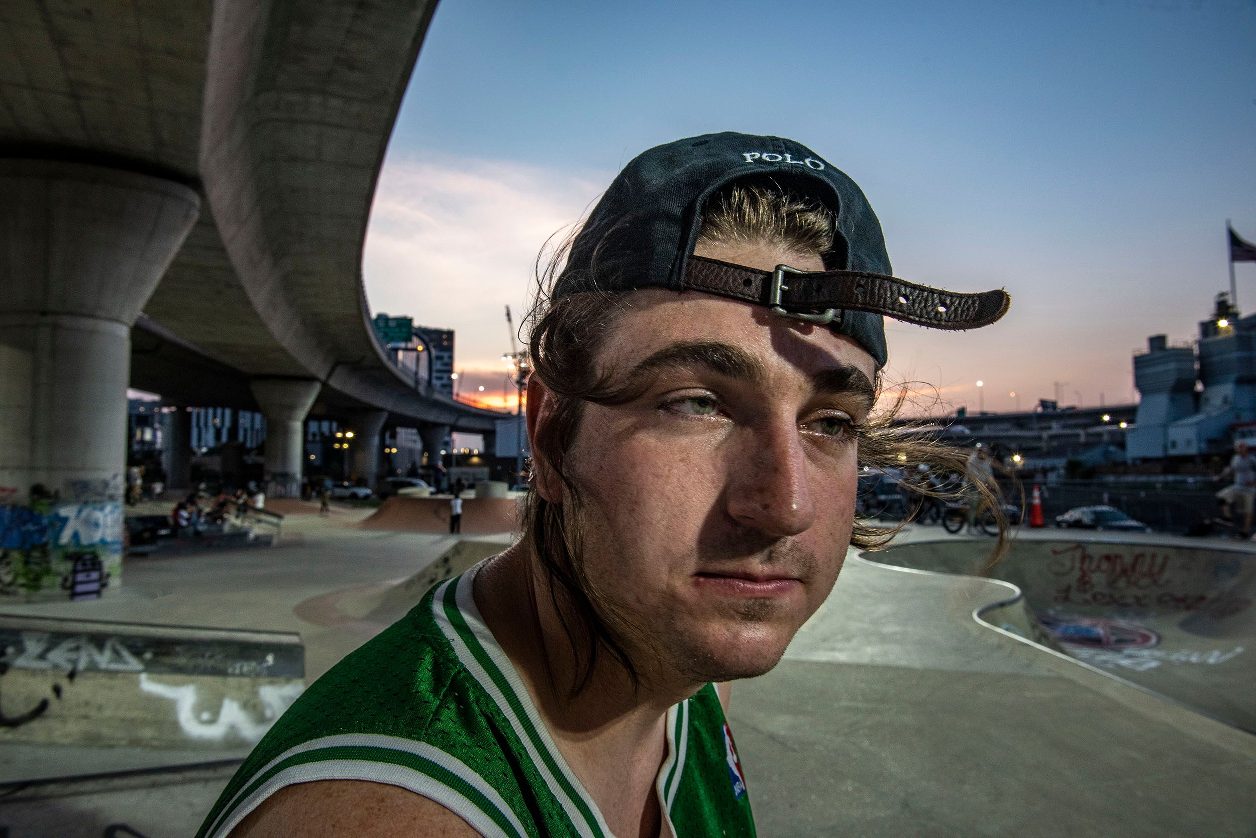 Color photographic portrait of Tyler, skateboarder at the Lynch Family Skateboard Park, Cambridge, MA, Tyler