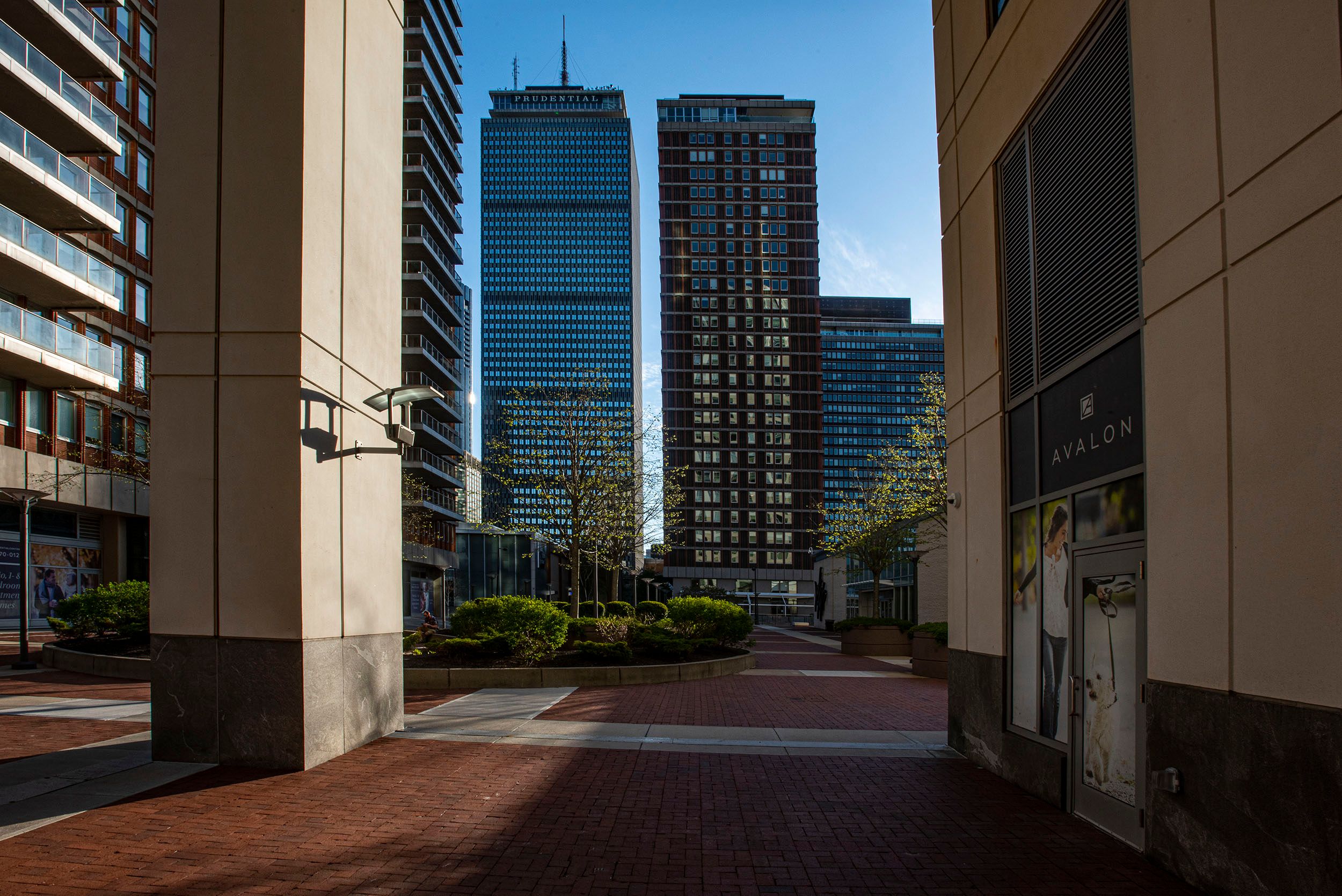 Photograph of residential buildings in Copley Square during the coronavirus pandemic. Boston, MA Empty Sidewalks