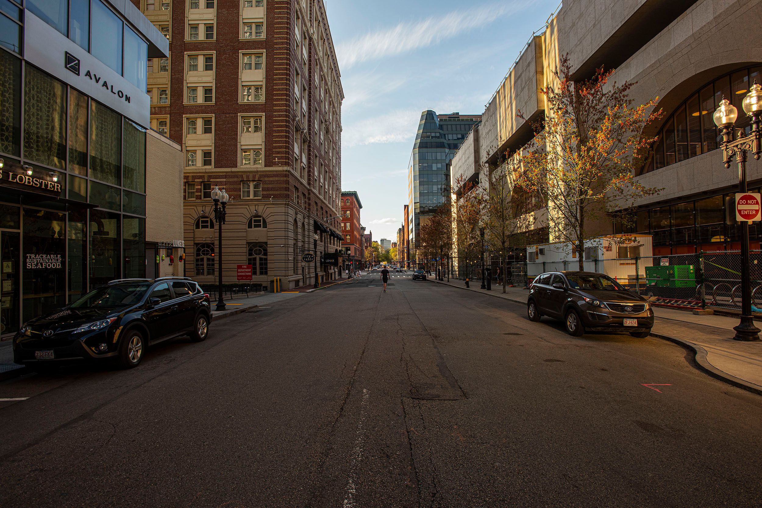 Horizontal color photograph of empty streets around Copley Square during the coronavirus pandemic. Boston, MA Pandemic and quiet streets