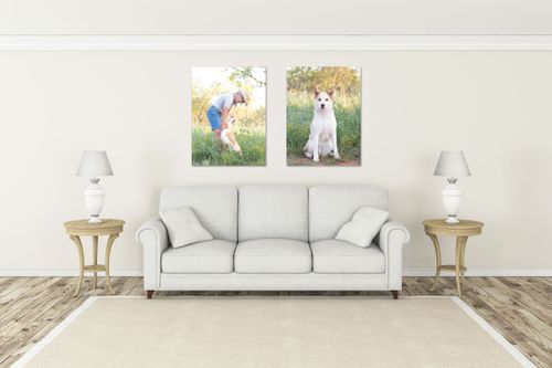 Family portraits in a home Art work in a home.