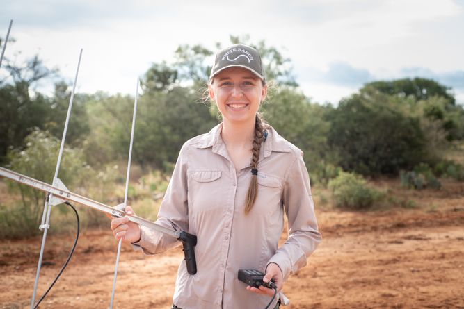 Kira Gangbin with a tracking devise used for studiying the Texas horned lizard