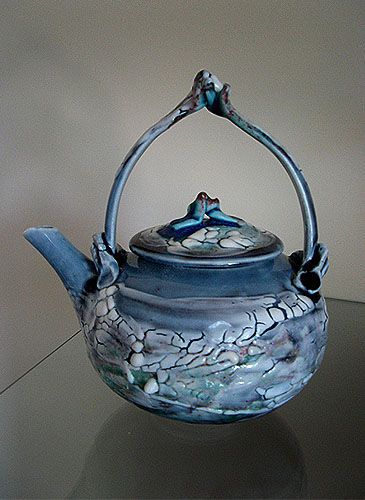 Porcelain with blue glazes and white overglazeFired in reduction Ht 28 cm Blue Teapot