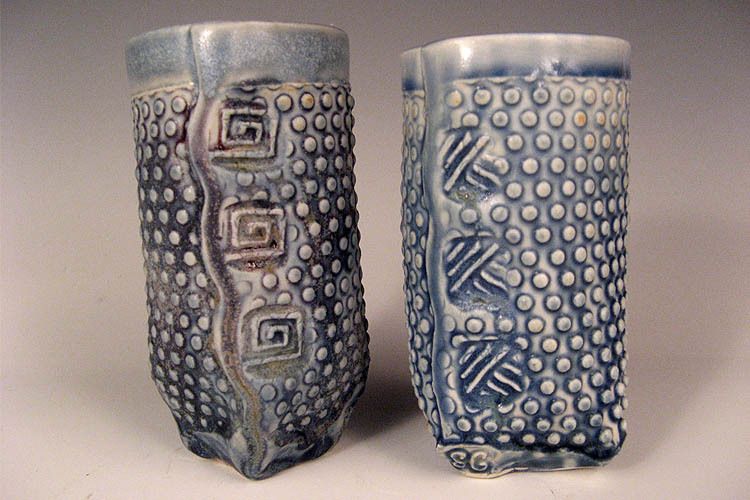 Handbuilt with porcelain Ht 13 cmSoda Blue Glaze, fired in reduction Blue Bubble Cups