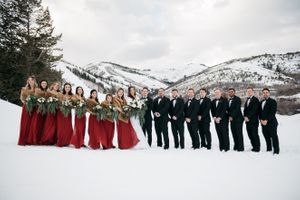 Bridal party in winter mountains