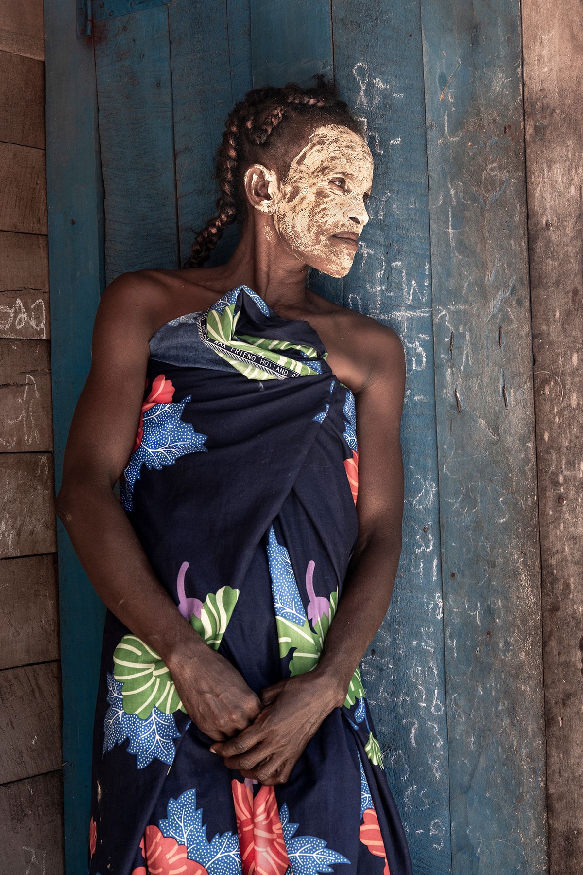 Village woman with sun mask Shades of Blue