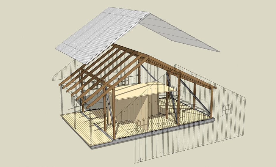 Expolded model view illustrating the integration of the existing and new components of the structure. 1Chinese_Bunkhouse_6