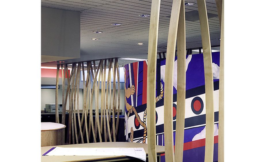 The "duck blinds" give privacy to the two sides of the open office space. 1DPR_Construction_6