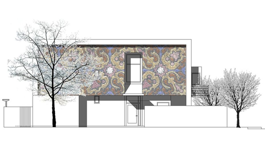 Super scale mosaic tile design of an original 1936 Kraftile tile pattern as manufactured in Niles, California. 1E_Street_Green_1