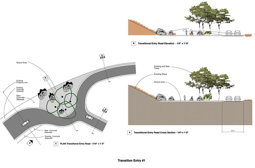A twist in the road slows traffic when entering from the traditional tract house development. 1Luchas_Ranch_Environmental_Subdivision_15