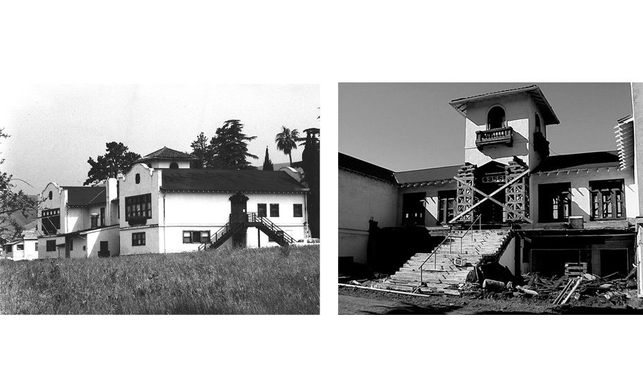 existing condition photo of the rear of the school prior to any reconstruction, and the front entry stair of the school during the reconstructive preservation. 1Old_School_10