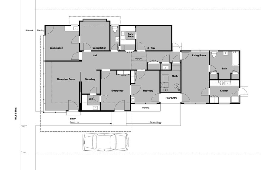 Original plan illustrating X-ray and surgery rooms with a recovery/living apartment at the rear. 1Historic_Dr__Grau_Wurster_Medical_Office_6