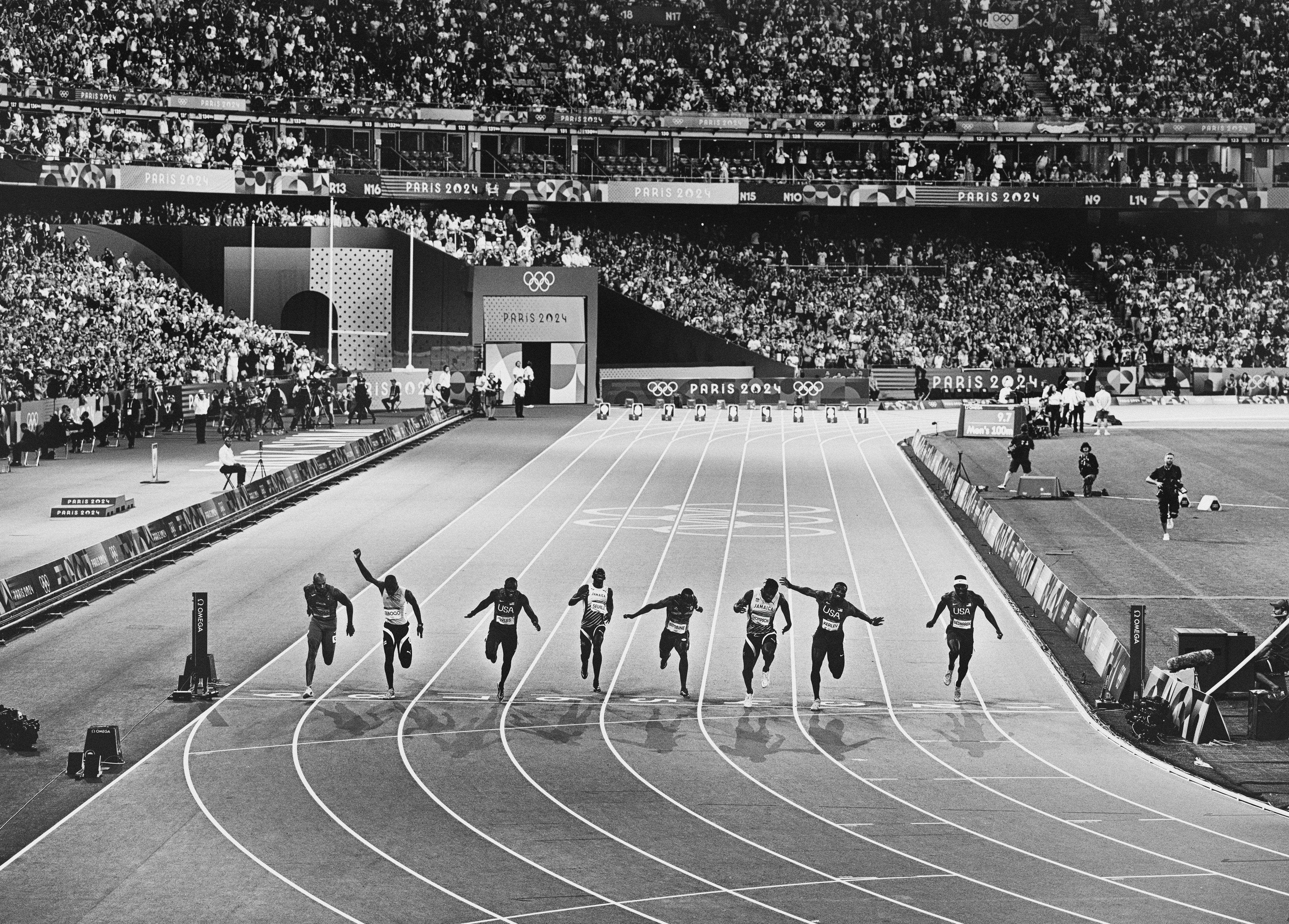 100m final bw 2024 Paris Oly track 3  jeff cohen photo  13499 copy.jpg