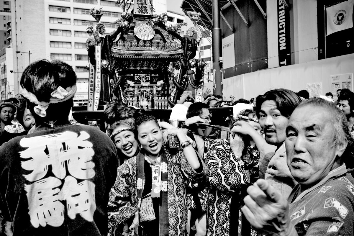 Ueno Matsuri. A festival procession of the local jinja (Shinto Shrine), where the shrine's deity is taken in an omikoshi and carried around  to bless the people of the area. Ueno, Tokyo, Japan
