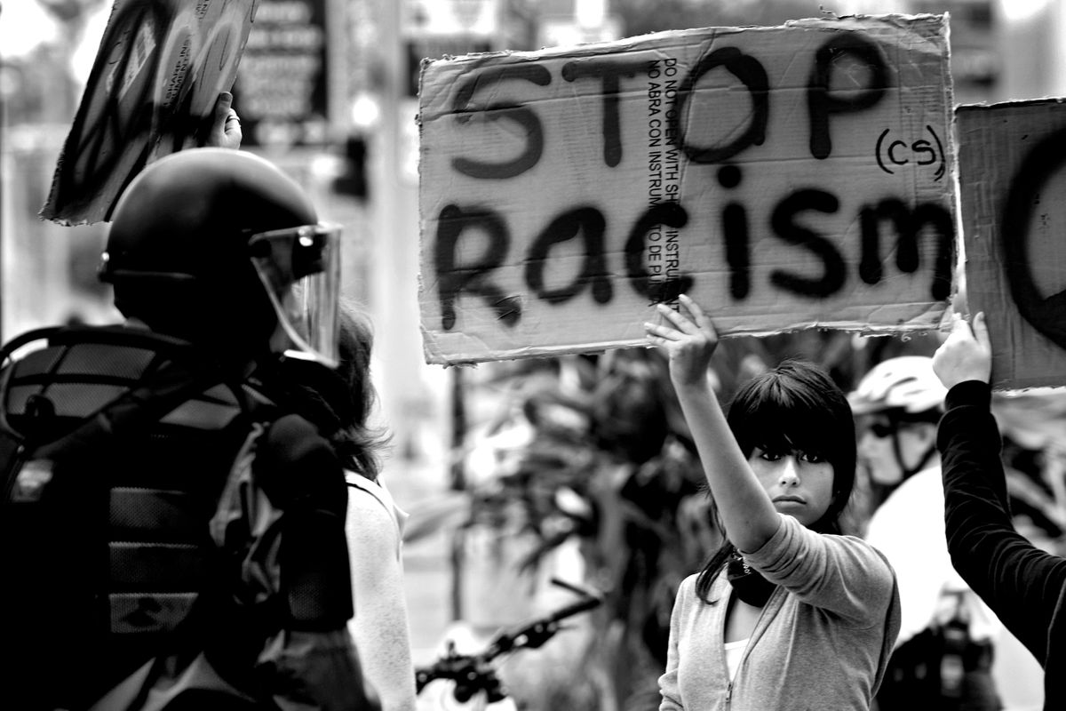 A counter protestors at a National Socialist Movement march. Orlando, Florida 2006