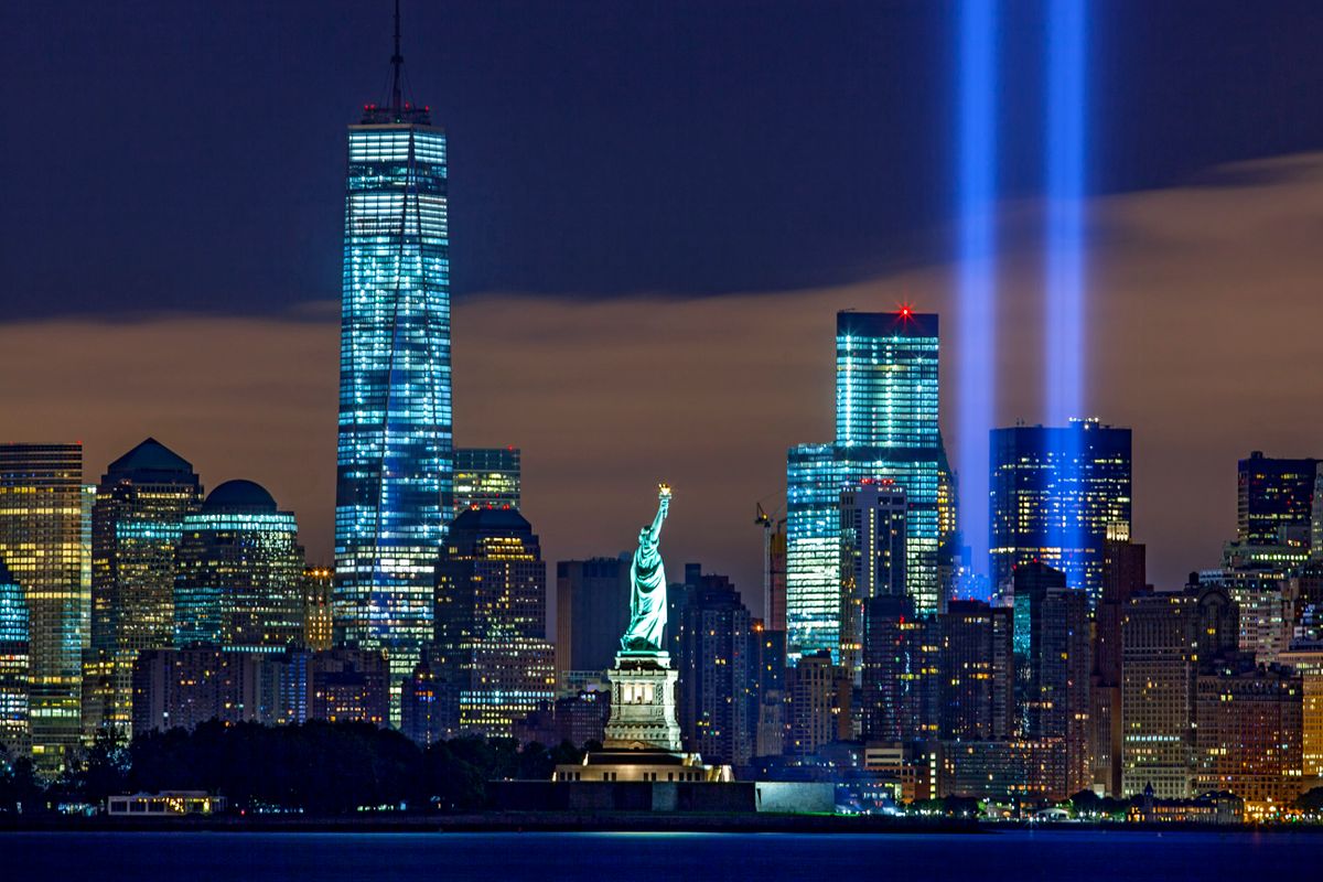 Tribute In Lights Memorial & Statue of Liberty.  New York, New York
