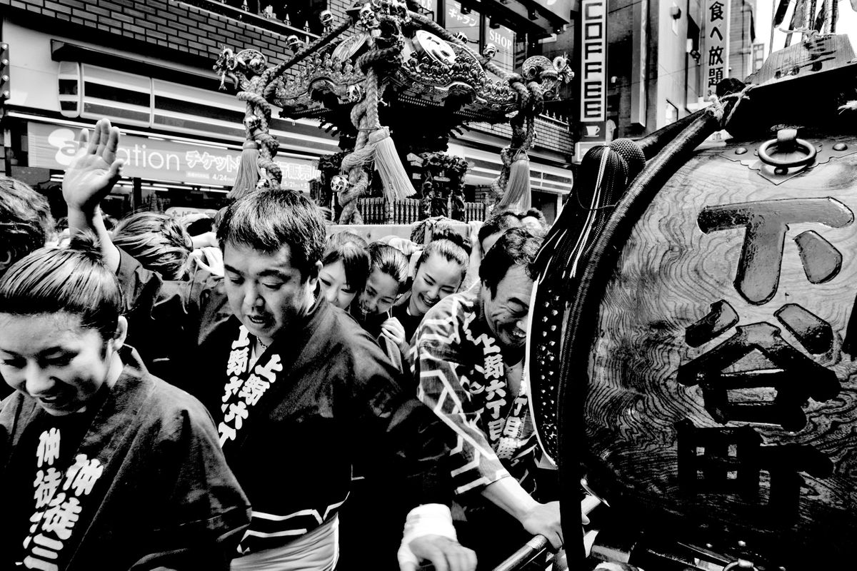 Ueno Matsuri. A festival procession of the local jinja (Shinto Shrine), where the shrine's deity is taken in an omikoshi and carried around  to bless the people of the area. Ueno, Tokyo, Japan