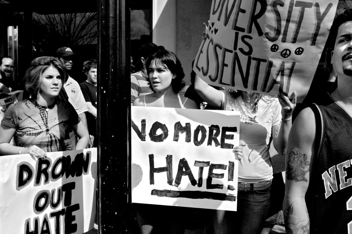 Counter protestors at a National Socialist Movement march. Orlando, Florida 2006