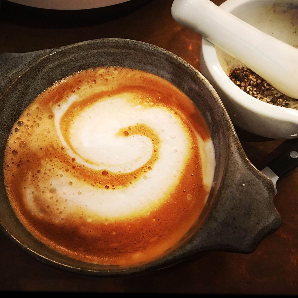 Cappichinni made by Warren Roos  in bowl next to mortice and pestle