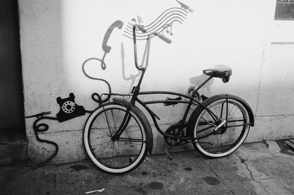 Chopper handle bar bicycle and graffiti NYC lower east side  B&W street photography 1971 nineteen  seventies