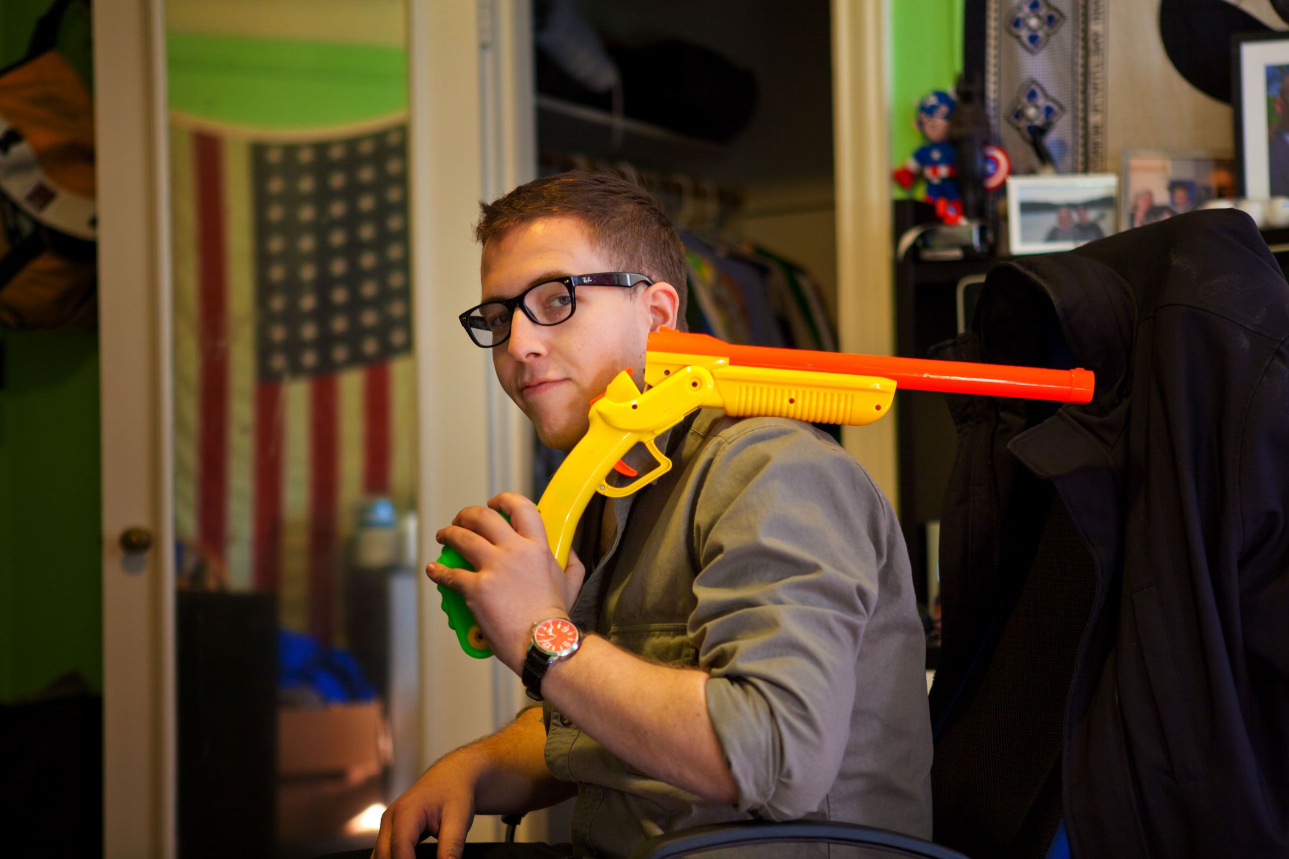 Sam roos with Nerf  blaster  gun
