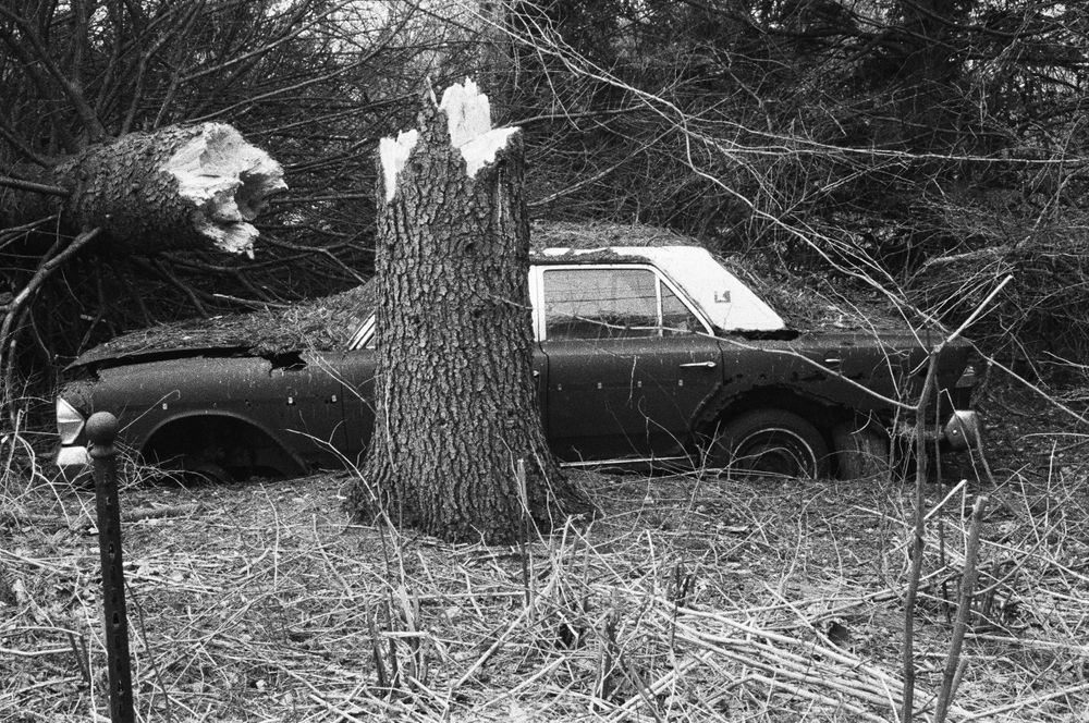 Car in woods Falmouth Maine B&W street photography 1995 nineteen  nineties