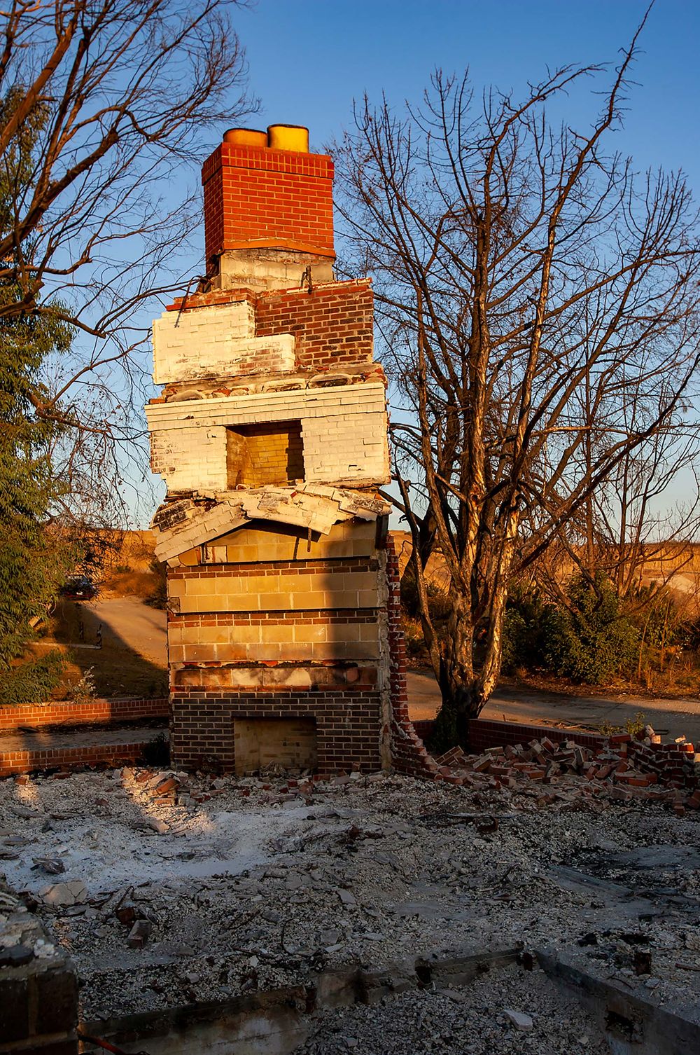 House chimney left after California Wildfire between Mt. Baldy ski area and Pomona