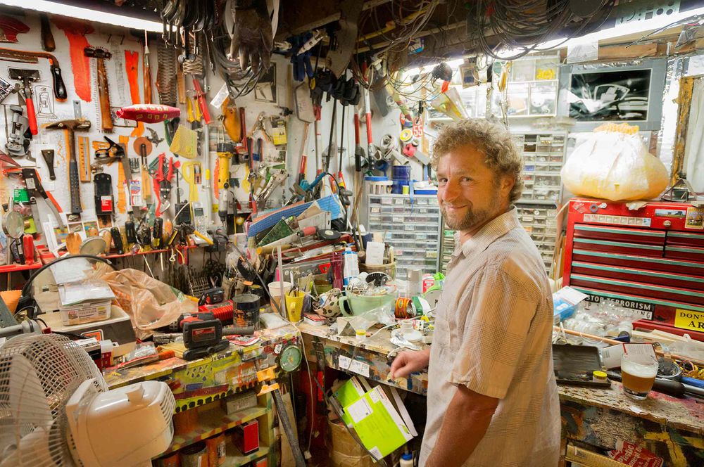 Joe Hemes in Basement workshop tools