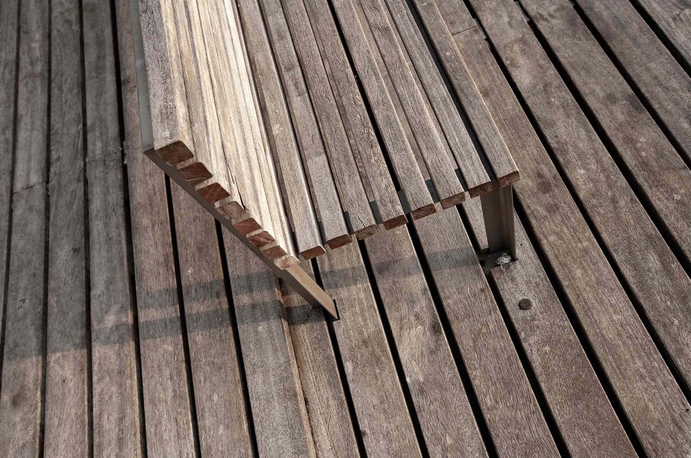 wood bench on wood deck barcolnia spain