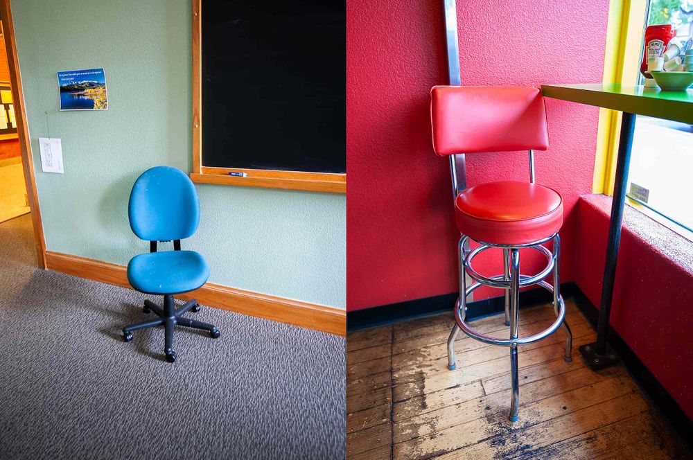 two chairs study in Colorado Srings red blue