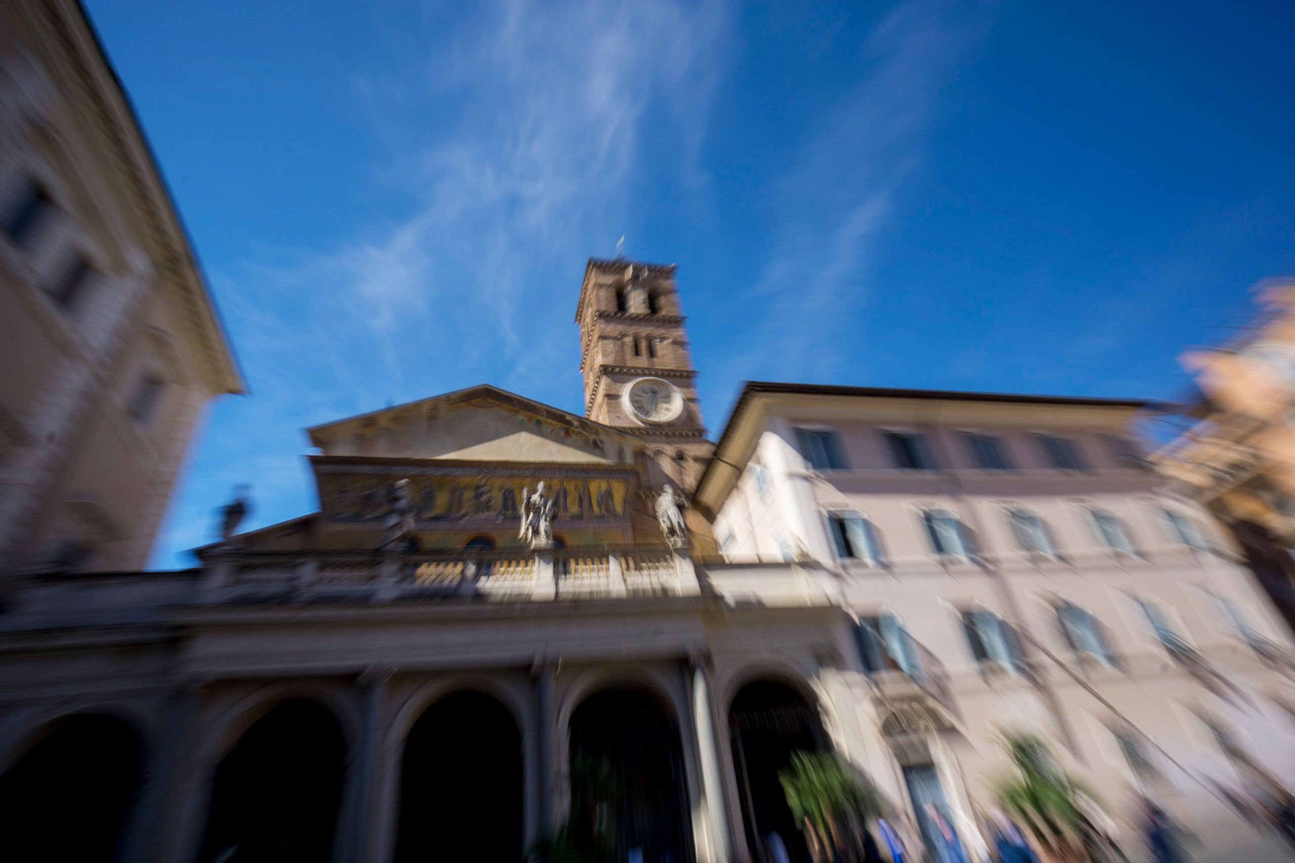 clock tower of Basilica of Santa Maria, Piazza Santa Maria, Trastevere, Rome, Italy