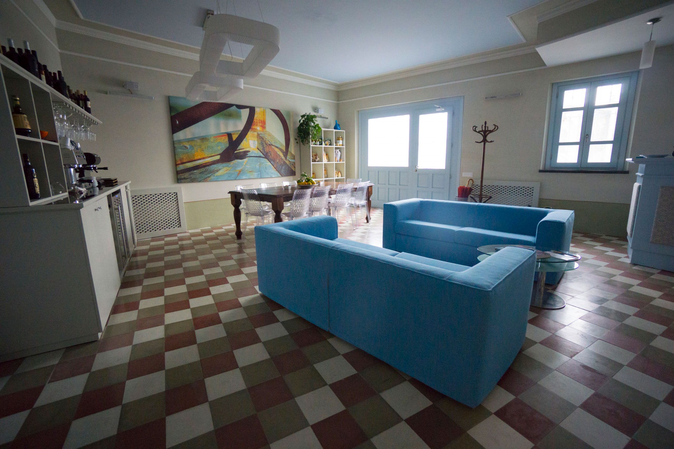 blue couchs lobby in hotel Sardinia Italy