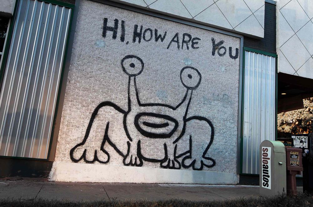 Hi how are you Austin Texas Mural  frog painting created by musician Daniel Johnston embodies the spirit of Austin. 